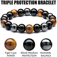 triple protection bracelet for men women bring luck and prosperity hematite black obsidian tiger eye stone bracelets men jewelry