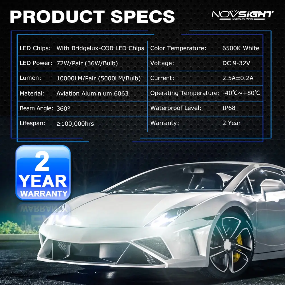 Сверхъяркие Автомобильные фары NOVSIGHT светодиодные лампы h7 h11 h1 h3 hb3 hb4 h8 h13 9007 72 Вт лм
