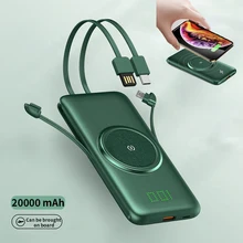 20000mAh Wireless Power Bank Powerbank 10000mAh Powered LED Display Portable Charger External Battery With Four Cable