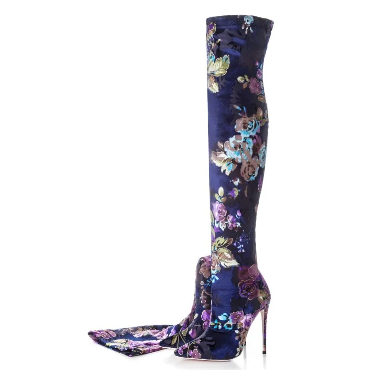 

Women Shoes Sexy Lady Blue Pointed Toe Stiletto Heel Thigh High Floral Elastic Boots Fashion Catwalk Stage Performance Boots