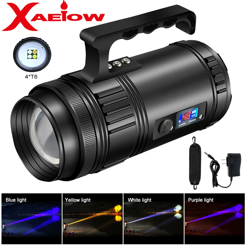 

4*T6 Super Bright Searchlight Fishing Lamp Four Light Source Focusing Flashlight Rechargeable Camping Spotlight With Bracket