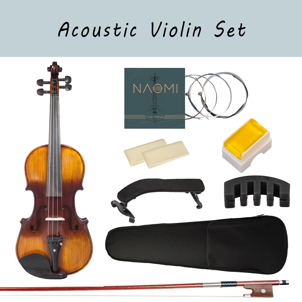 

4/4 Full Size Solid Wood Violin Set Spruce Top Ebony Fitted Beginner Acoustic Violin Fiddle Starter Kit w Hard Case Rosin