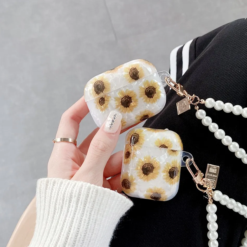 

Earphone Case For AirPods Luxury Flower Conch Shell Earphones Cover For AirPods 2 3 AirPods Pro Protect Cases with Pearl Lanyard