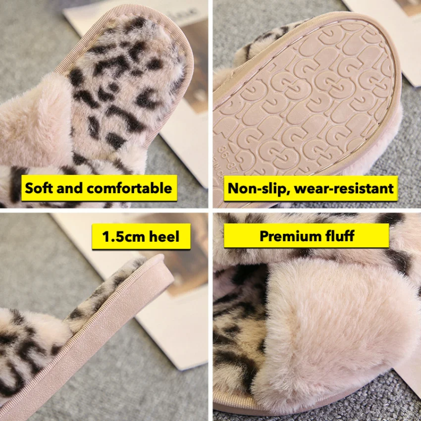 

Women Slippers Plush Shoes Home Slippers Faux Fur Fashion Warm Femmes Woman Indoor Slip on Flats Female Slides Leopard 2020