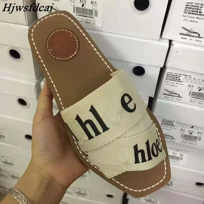 

Hjwsfdcai 2021 New Designer Brand Slippers Fashion Canvas Letter Flats Slides Weave Platform Shoes Summer Beach Flip Flops Women