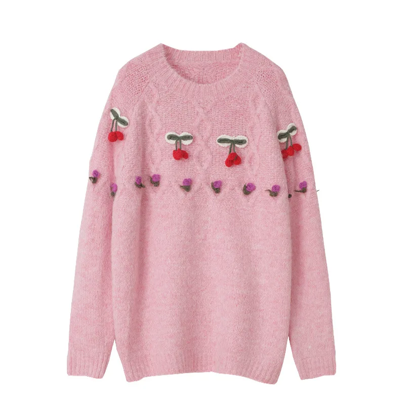 

Luxury Lady Loose Outside Wearing Pink Sweater Sea Horse Head Japan Style Languid Lazy Wind Pullover Winter Coat Runway Pullover