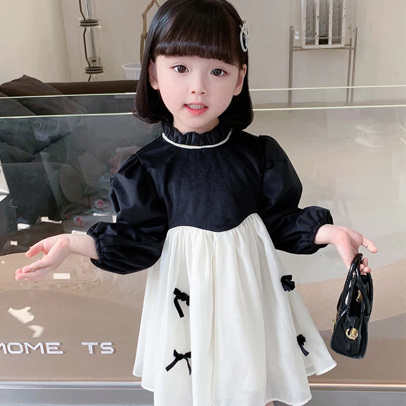 

Autumn New Kids Clothes Girl Round Neck Long-Sleeved Princess Dress Baby Korean Fashion Bow Children Wear