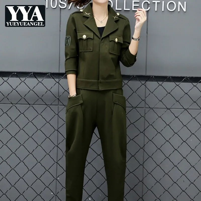 Женский армейский зеленый пиджак с лацканами и брюки султанки комплект из 3