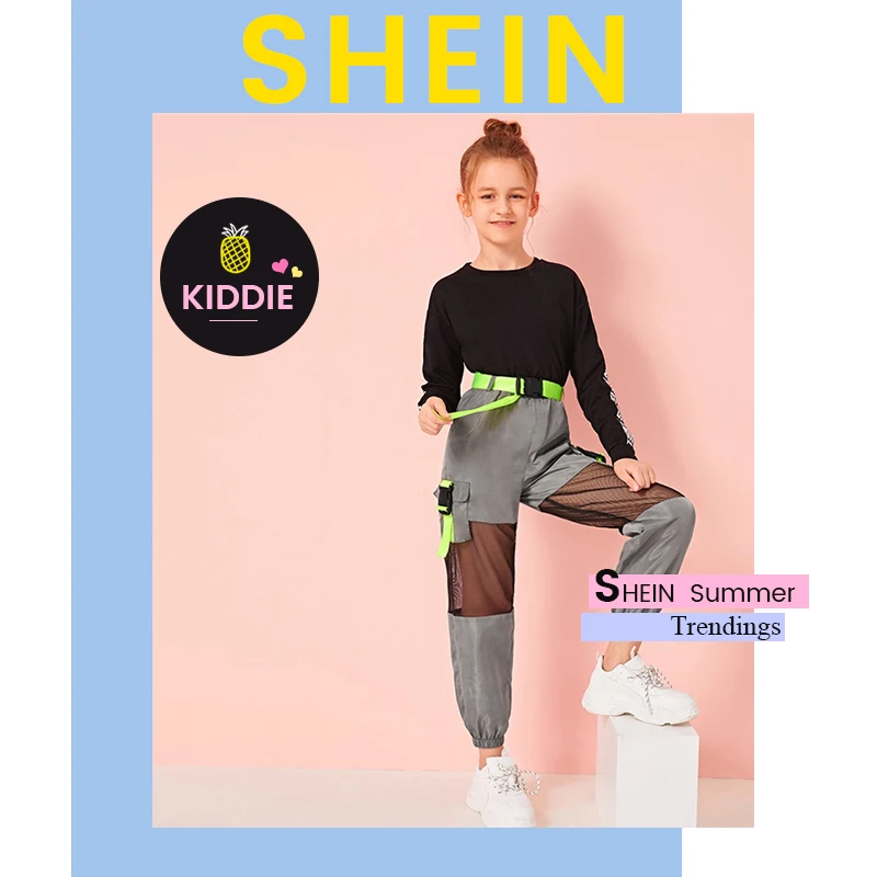SHEIN/Детские неоновые брюки-карго с пряжкой и сетчатой вставкой, с поясом, для девочек; коллекция года; сезон осень; серые брюки с эластичным поясом и карманами по бокам