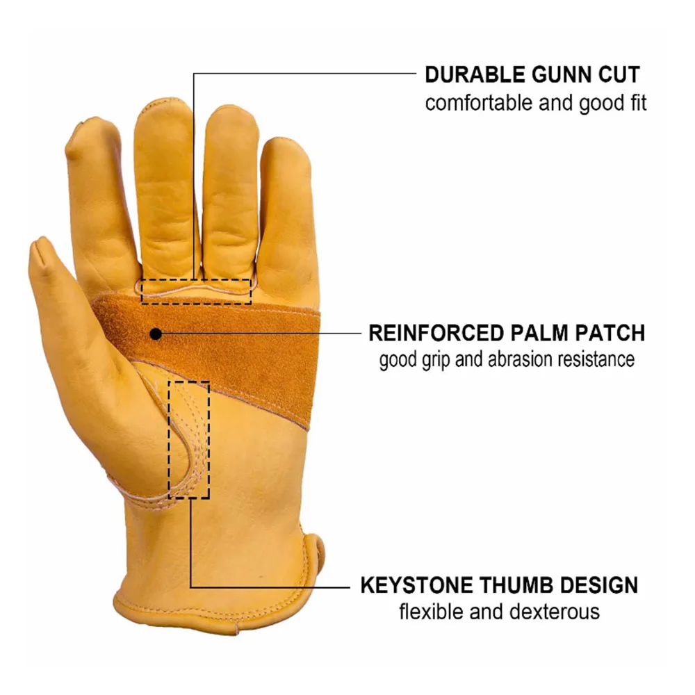 [AETRENDS] Flex Grip Leather Work Gloves Stretchable Wrist Tough Cowhide Working Gloves(Gold, S, M, L, XL) O-0047