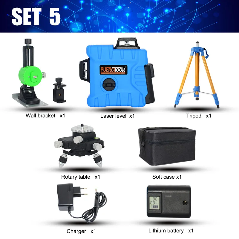 SET 5 PUERCI P7CG 12 линий 3D уровень самонивелирующийся 360 горизонтальный и вертикальный крест супер мощный зеленый лазерный луч линии - Цвет: SET 5