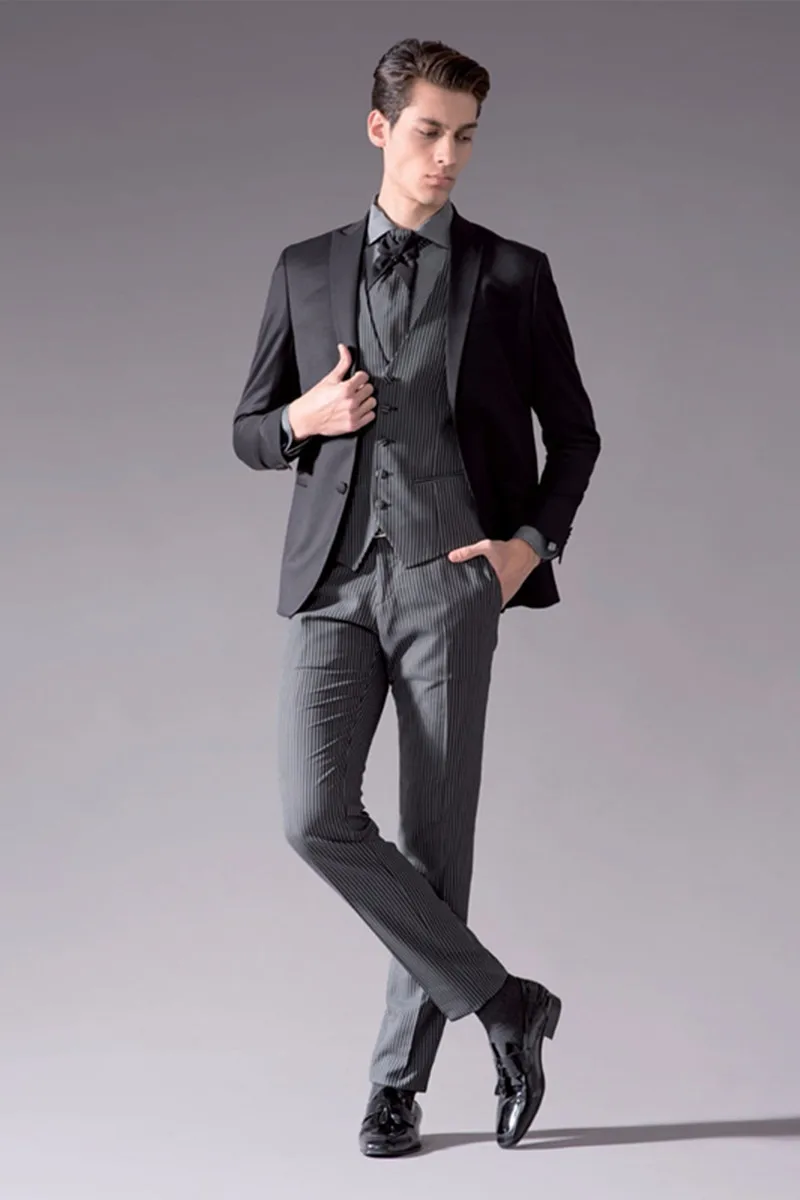 

2020 Latest Coat Pant Designs Black Grey Stripes Prom Men Suit Slim Fit Tuxedo 3 Piece Custom Groom Gentle Suits Terno Masculino