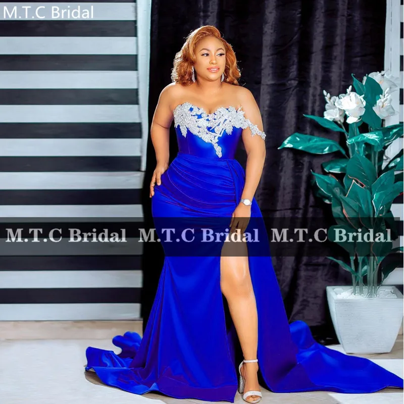 

Stunning Royal Blue Long Evening Dress Silver Beading Appliques Sweetheart Mermaid Women Birthday Party Formal Prom Gowns