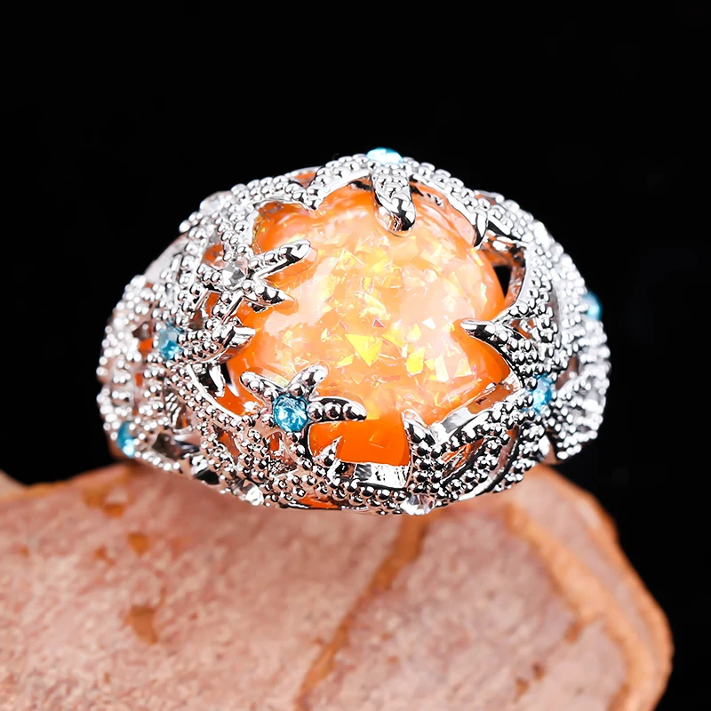 Женское кольцо с оранжевым огненным опалом Синие стразы морская звезда