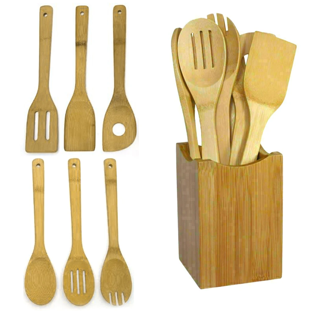 

6X Long Handle Wooden Spoon Bamboo Soup Durability Teaspoon Kitchen Cook Utensil