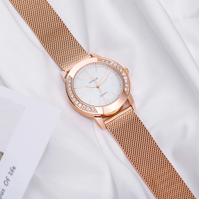 WWOOR 2022 New Luxury Rose Gold Women Watches Fashion Diamond Ladies Dress Watch Female Casual Mesh Steel Wristwatch Reloj Mujer