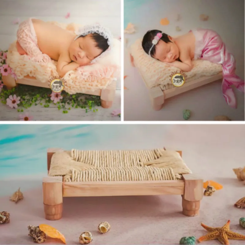 Newborn Photography Props Mini Wooden Bed Hemp Rope Baby Posing Props Infant Photo Shoot Accessories Creative Props Baby Cribs