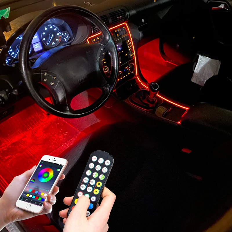 

LED Car Foot Light Ambient Lamp With USB Wireless Remote Music Control Multiple Modes Automotive Interior Decorative Lights
