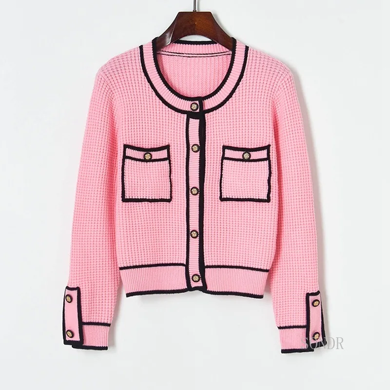 Женский однобортный вязаный кардиган подиумный розовый укороченный топ с