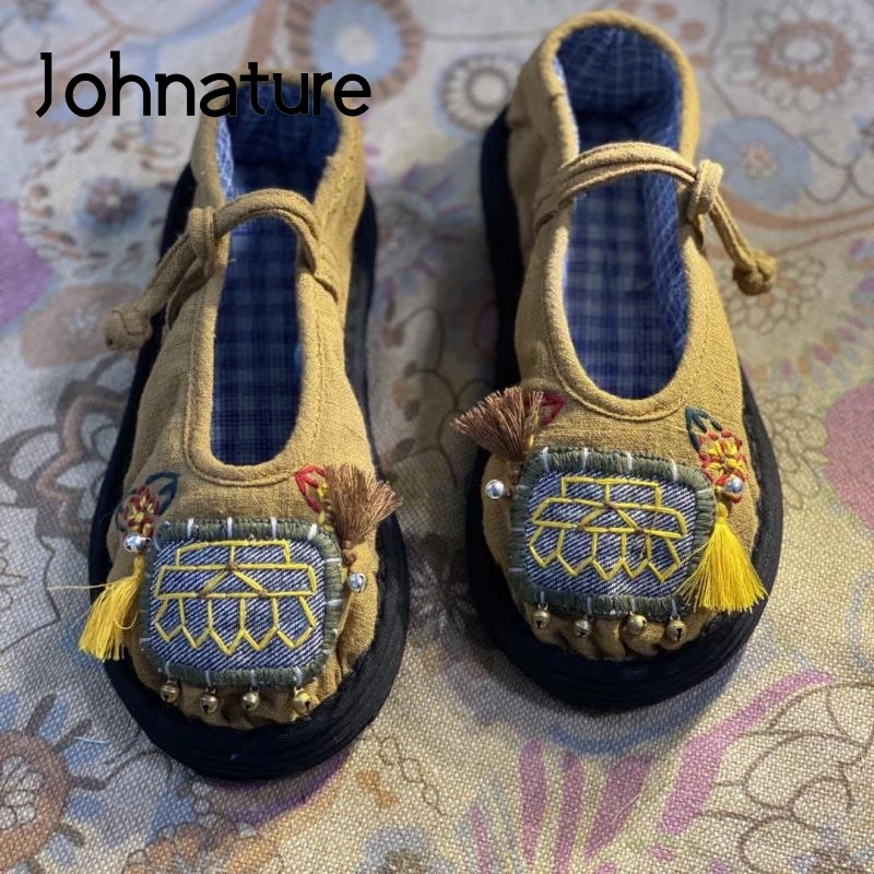 

Johnature 2022 New Embroider Flats Women Shoes Cotton Fabric Mixed Colors Casual Buckle Strap Round Toe Handmade Ladies Shoes