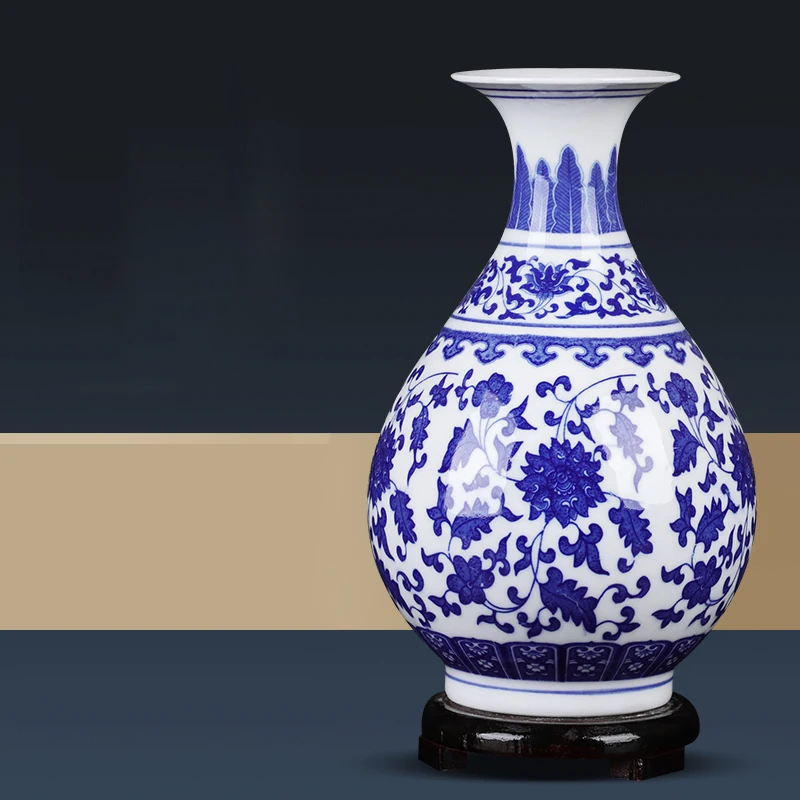 Китайские маленькие размеры голубая и белая ваза для цветов настольные