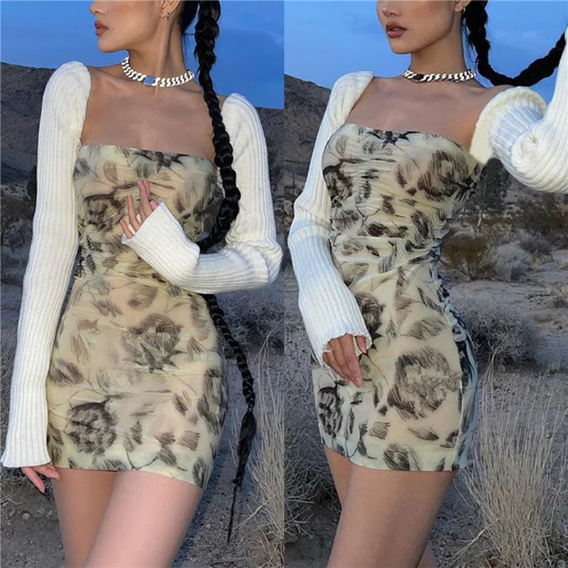 

Women Summer Sexy Slim dress, Abstract Print Off-Shoulder Sheath Dress with Removable Knit Long Sleeves for Girls, White