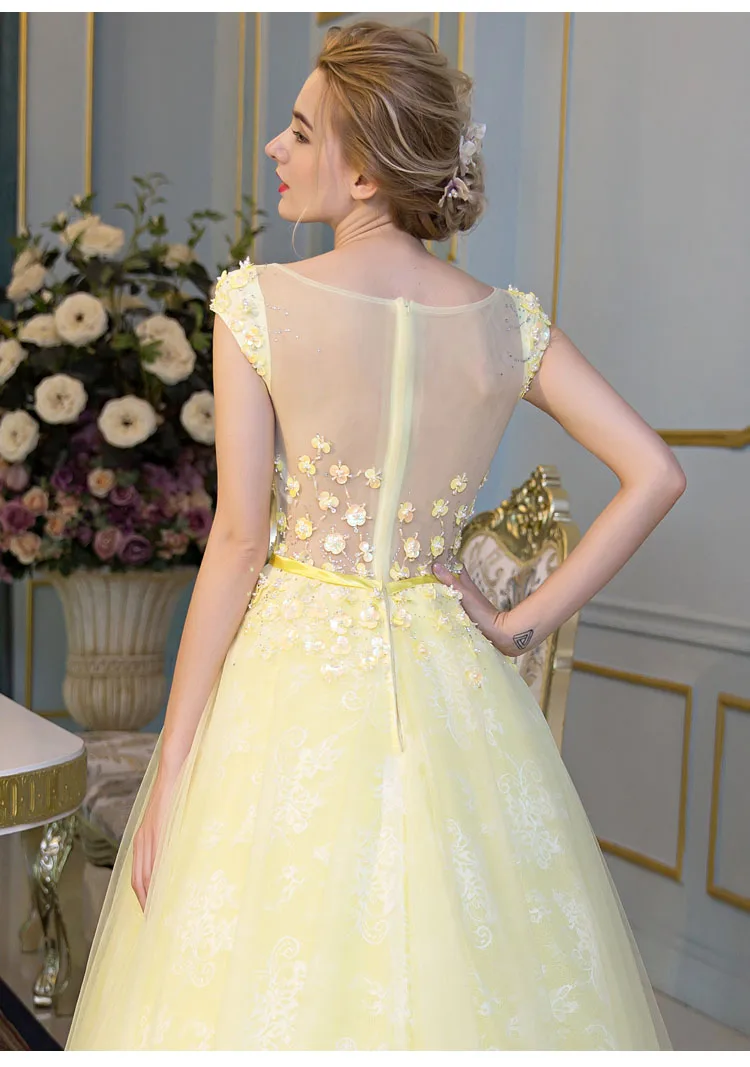 Yellow Quinceanera Dresses Ball Gown Lace Sweet 16 Cap Sleeves Sequined Beaded Scoop Neck Long Formal Party Gown Walk Beside You