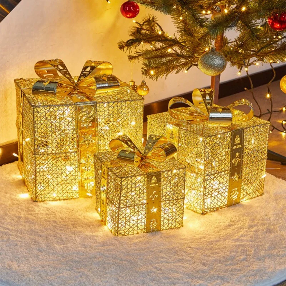 

Рождественские коробки со светодиодной подсветкой, 3 шт./компл., кованые железные светящиеся украшения, праздничные новогодние и рождествен...