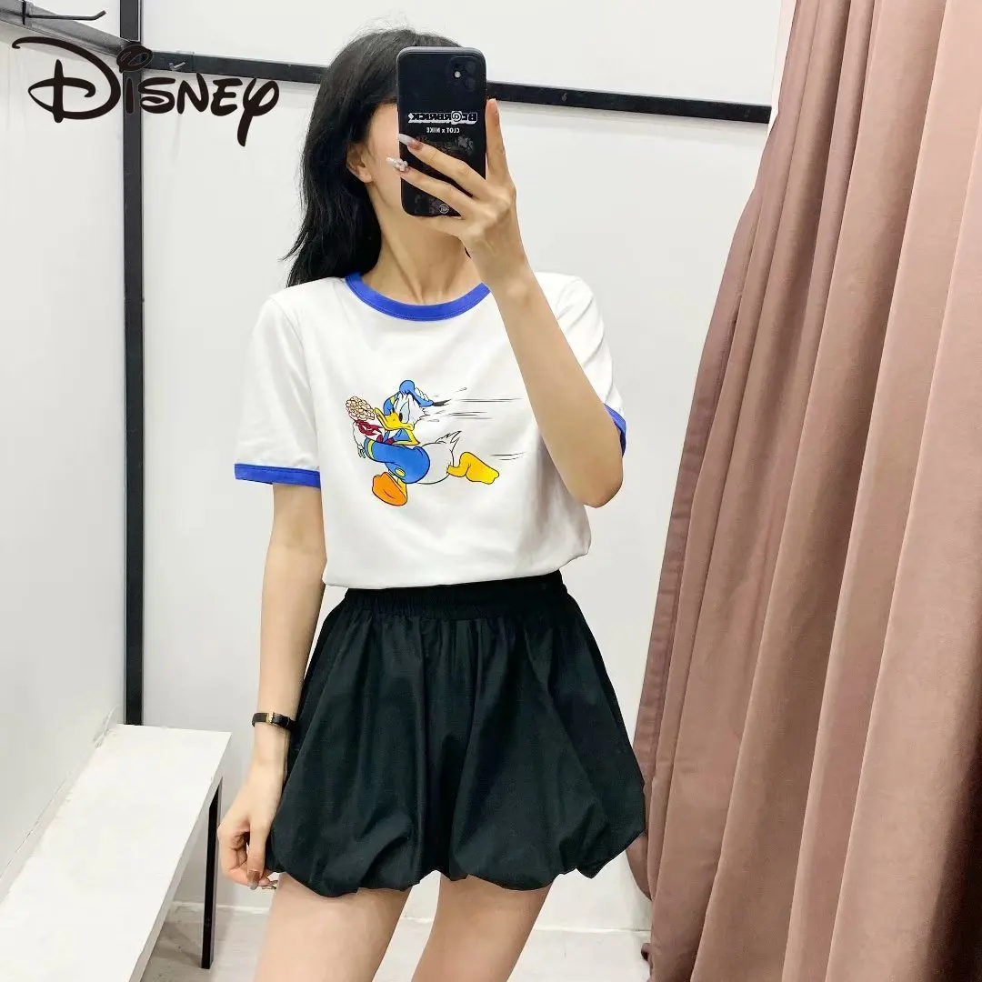 

Disney EuropeanandAmericanstyle women's fashion versatile round collar top cartoon print loose short sleeve T-shirt show thin