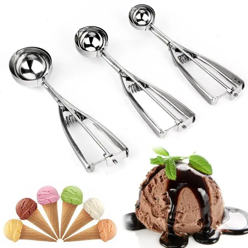 

Ice Cream Spoon Kitchen Tools 3 Size Stainless Steel Spring Handle Mash Potato Watermelon Ball Scoop Home Kitchen Accessories