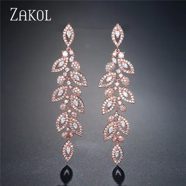ZAKOL модные корейские CZ свадебные ювелирные изделия с листом маркиза AAA кубический цирконий длинные висячие свадебные серьги для элегантных женщин FSEP2144 - Окраска металла: Rose Gold Color