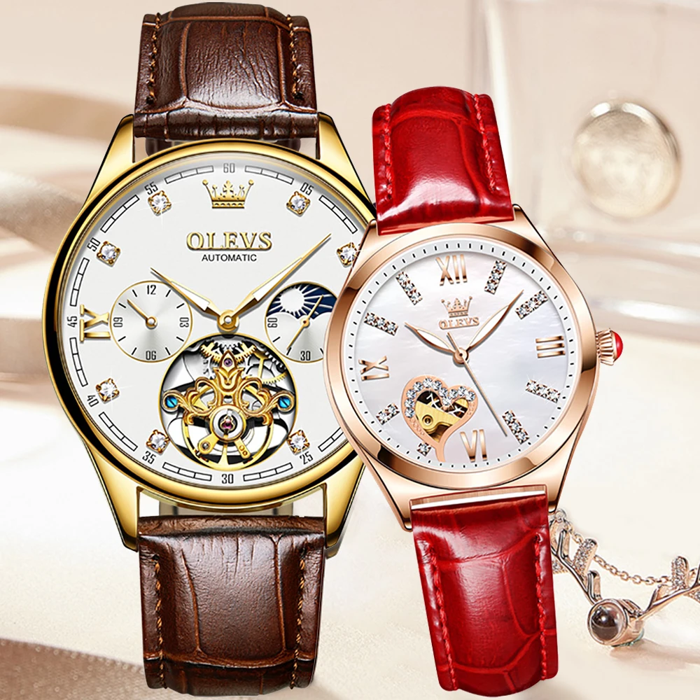 OLEVS 2021 Luxury Couple Mechanical Watch Top Brand Automatic Leather Waterproof Watch Sports Men's Watch Relogio Masculino