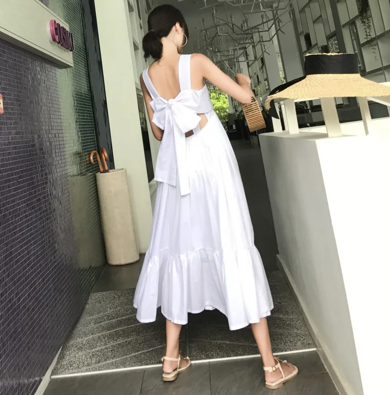 

2021 Summer Chic Solid Color Bow A Line Midi Dress Women's Casual Sexy Streetwear Holiday Strap Dress Beach Sundress For Women