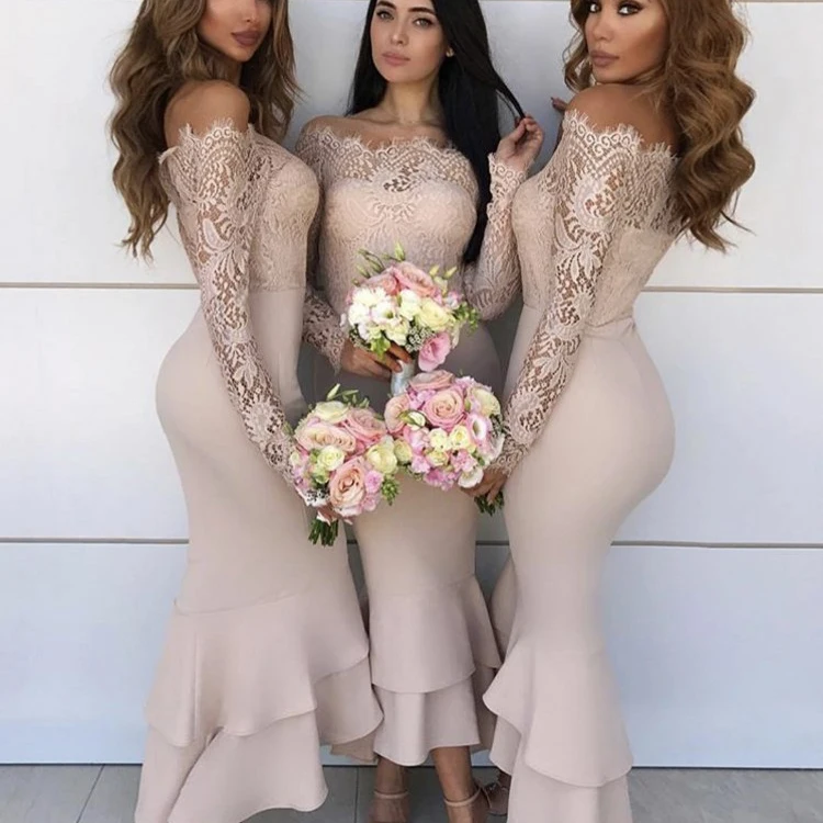 2019 New Arrival Bridesmaid Dresses Appliques Long Sleeves Off The Shoulder Boat Neck Mermaid Bridal Guest Gowns vestido fiesta | Свадьбы и