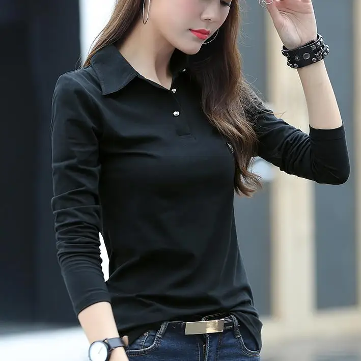 Женская хлопковая футболка с длинным рукавом Приталенная отложным воротником в