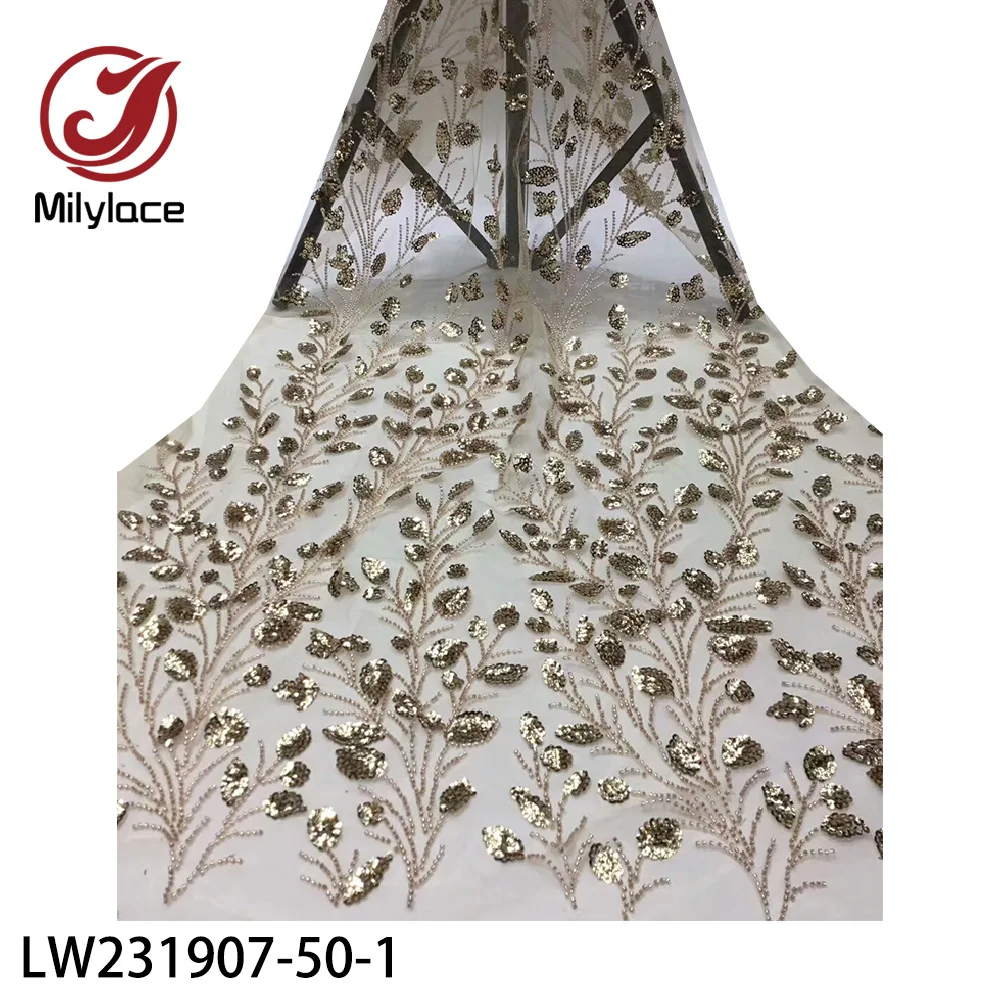 

Luxury Beads Lace Fabric French Wedding Dress Latest Nigeria Sequins Embroidery Lace Fabric for Wedding Dress LW231907-50