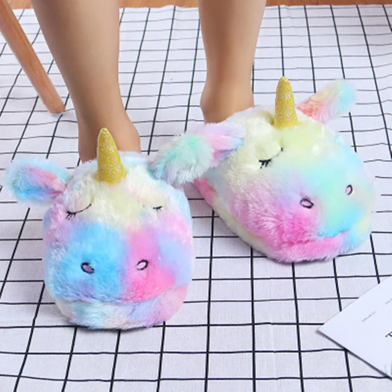 FAYUEKEY Cartoon Rainbow Unicorn Slippers Women Girls Winter Plush Warm Home Slippers Indoor Shoes Cotton Women Unicorn Shoes