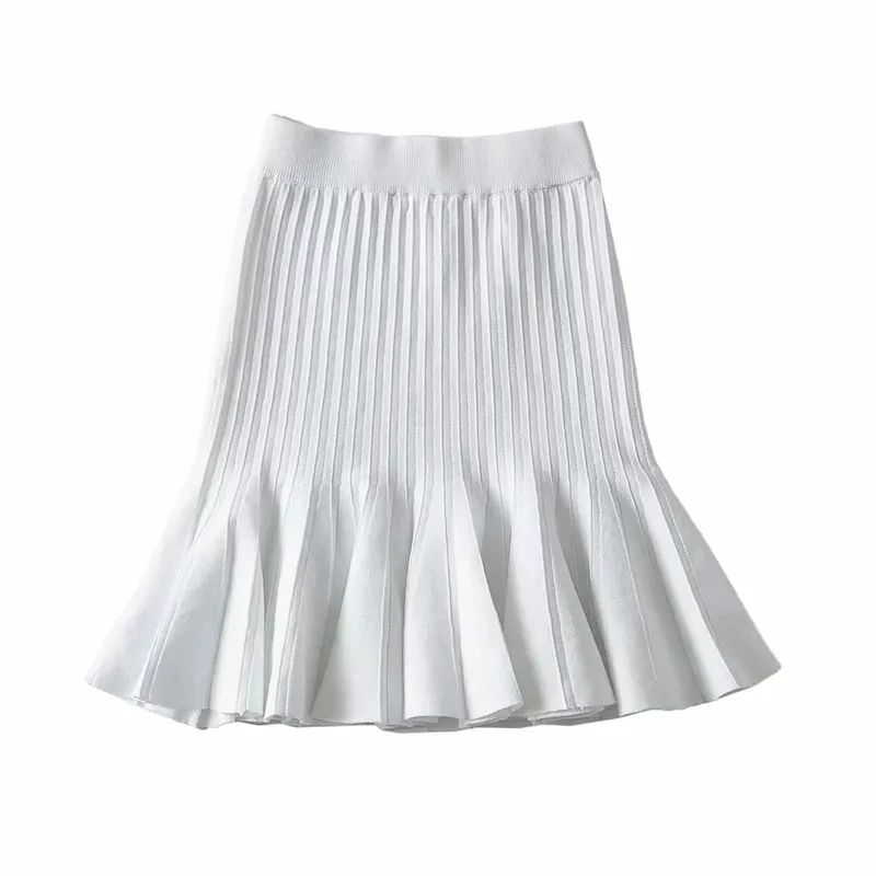 

DOUJILI Solid Color White Skirt For Women 2021 Pretty Knitted Elestic Waist Pleated Fashion Ladies Midi Skirts Party