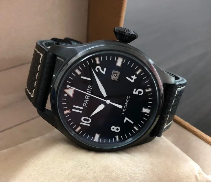 47 мм PARNIS автоматические самобветренные механические мужские часы с черным
