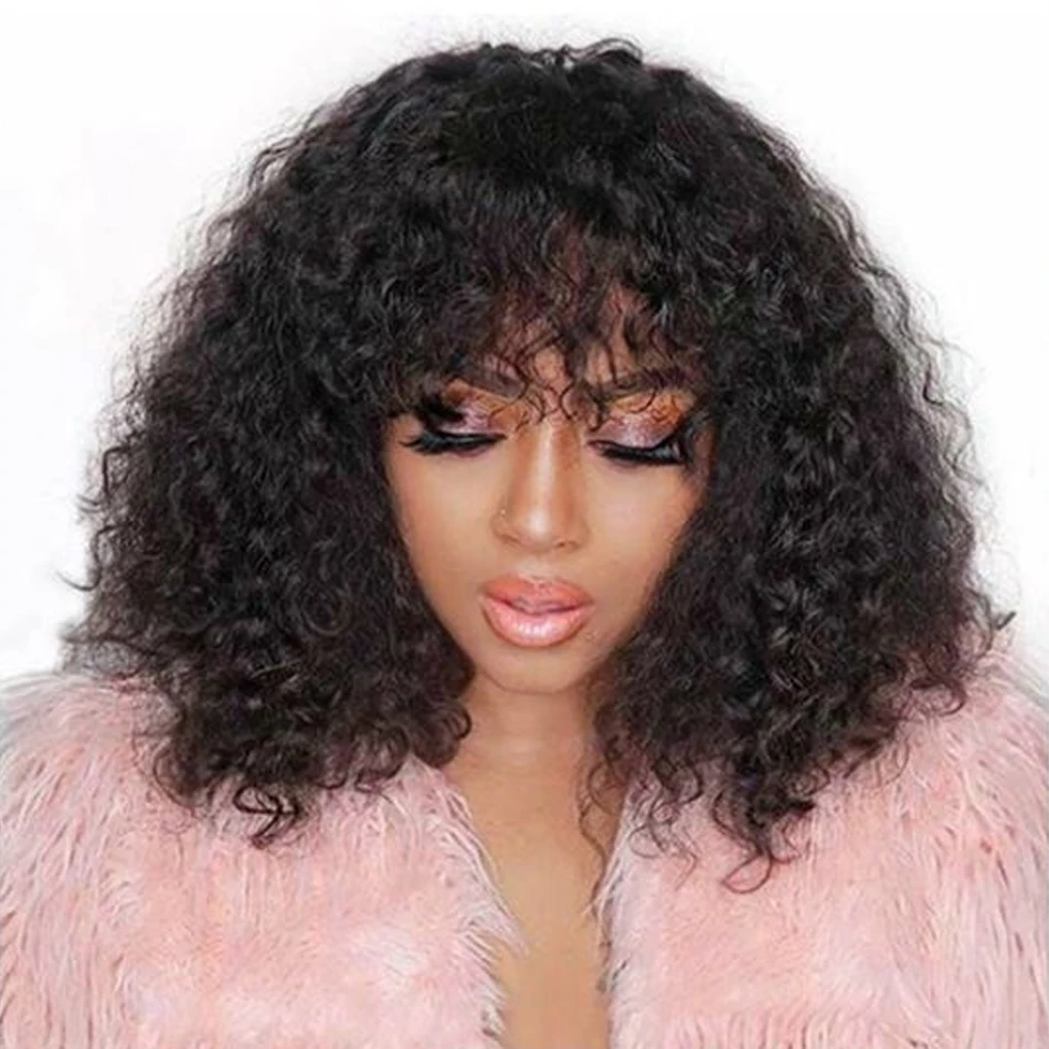 

Short Curly Pixie Cut Bob Human Hair Wig With Bangs Full Machine Wigs For Black Women Remy PrePlucked With Baby Hair jerry Curl