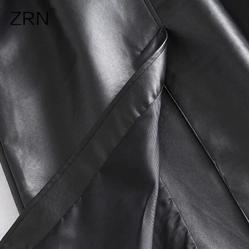 

ZRN 2020 Autumn Women Vintage Black Faux Leather Trench Coat Loose PU Leather Long Sleeve With Belt Windbreaker Female Outerwear