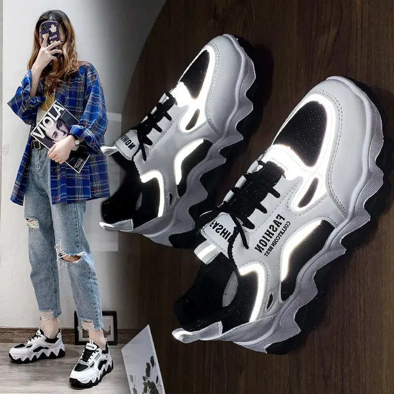

Fashion Black White Chunky Sneakers Women Spring 2021 Platform Lace Up Casual Shoes Woman Thick Sole Ladies Sport Shoes