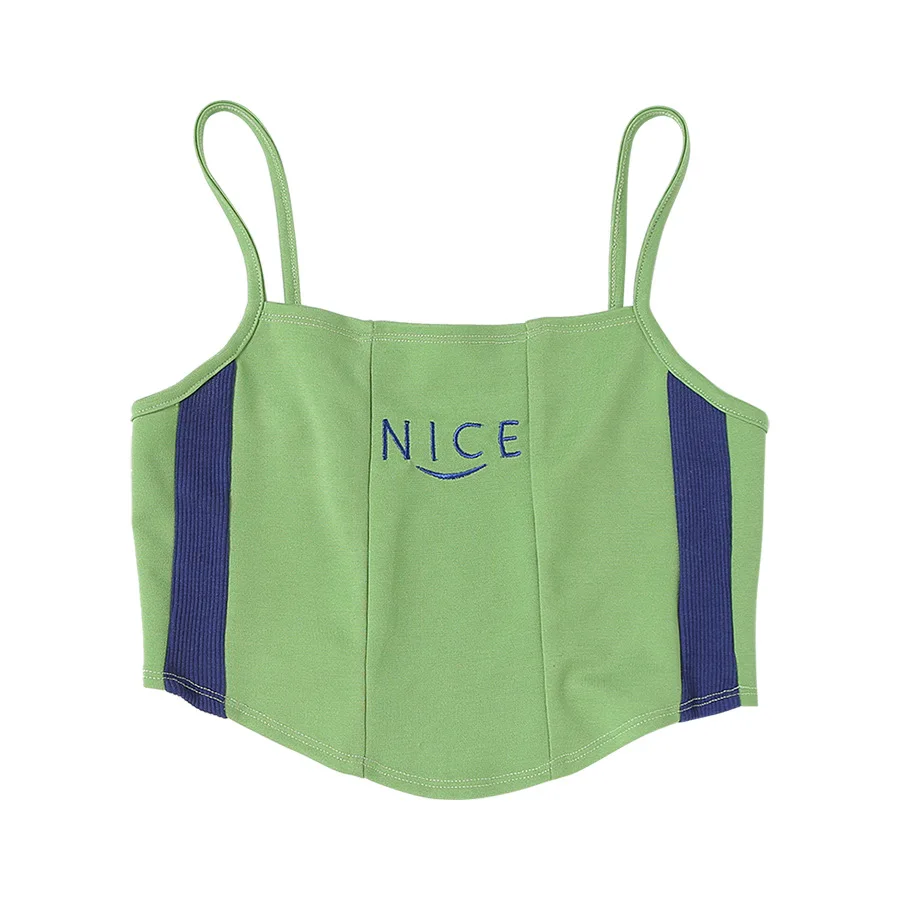 

Summer Women Tank Tops Pure Color Printing Stitching Letter Embroidery Sexy Camisole Sleeveless Sling Type Female Fashion 2021