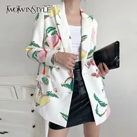 twotwinstyle casual print blazer for women notched long sleeve hit color straight korean blazers females 2021 spring fashion new