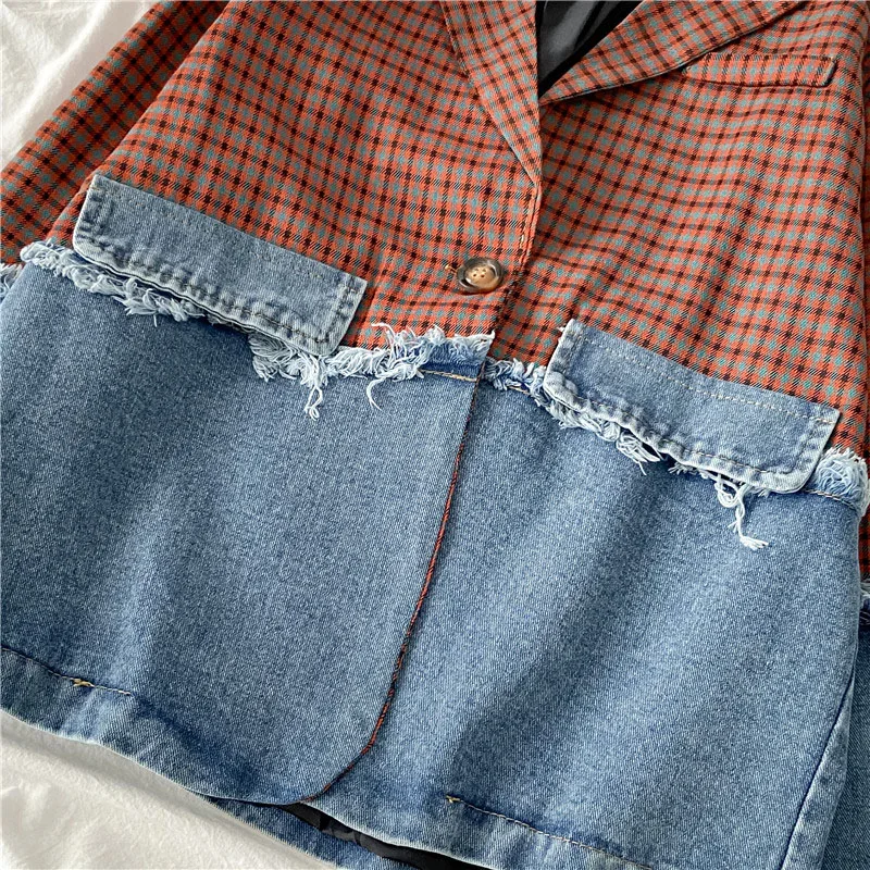 Винтажные шикарные клетчатые женские джинсовые куртки в стиле пэчворк на весну и