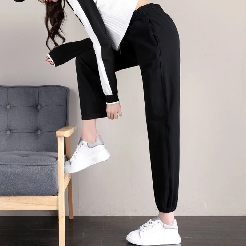

Women's Spring Autumn Style Cotton Sweatpants Women's Drawstring Loose Casual Pockets Solid Color Ankle-Length Pants KK0244