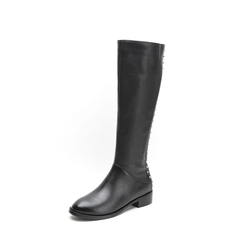 Black Synthetic Lini Meotina/зимние сапоги до колена; женские сапоги для верховой езды из натуральной кожи с заклепками и блочным каблуком; обувь на молнии с круглым носком; Женская Осенняя обувь; размеры 34-39 - Цвет: Black Synthetic Lini