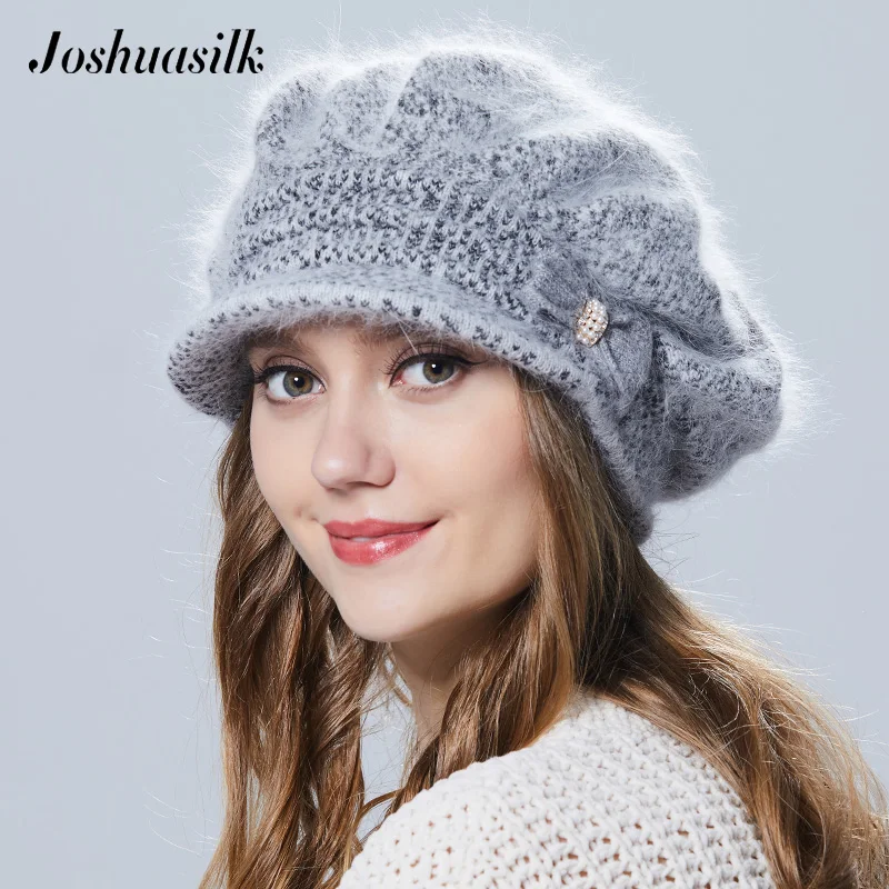 

Joshuasilk Winter Women Hat With Visor Knitted Fashion Angora Wool Hat Butterfly Decoration Double Warm Hat