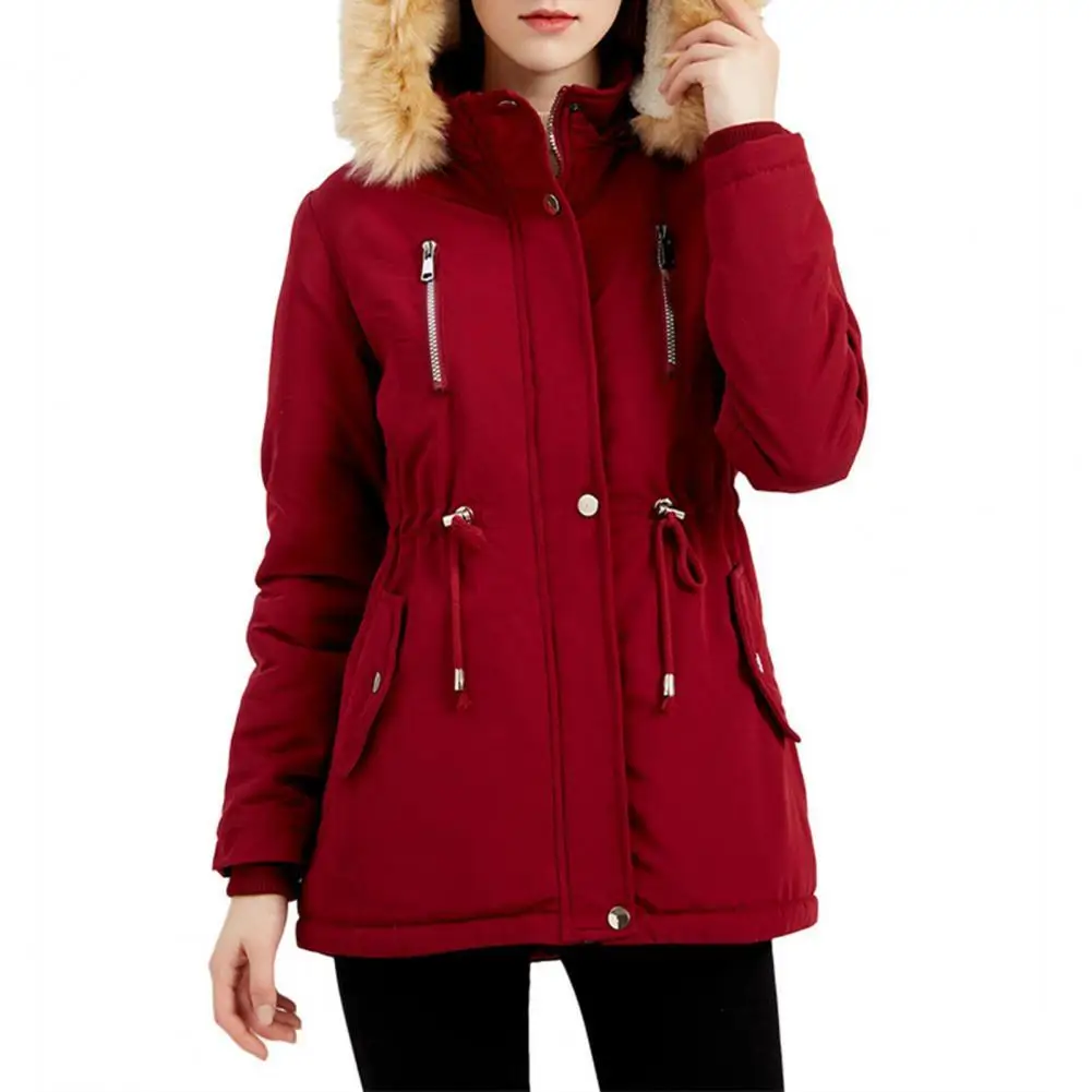 

Zipper Closure Long Sleeve Women Coat Waist Drawstring Detachable Hat Cashmere Lining Cotton Coat Outerwear