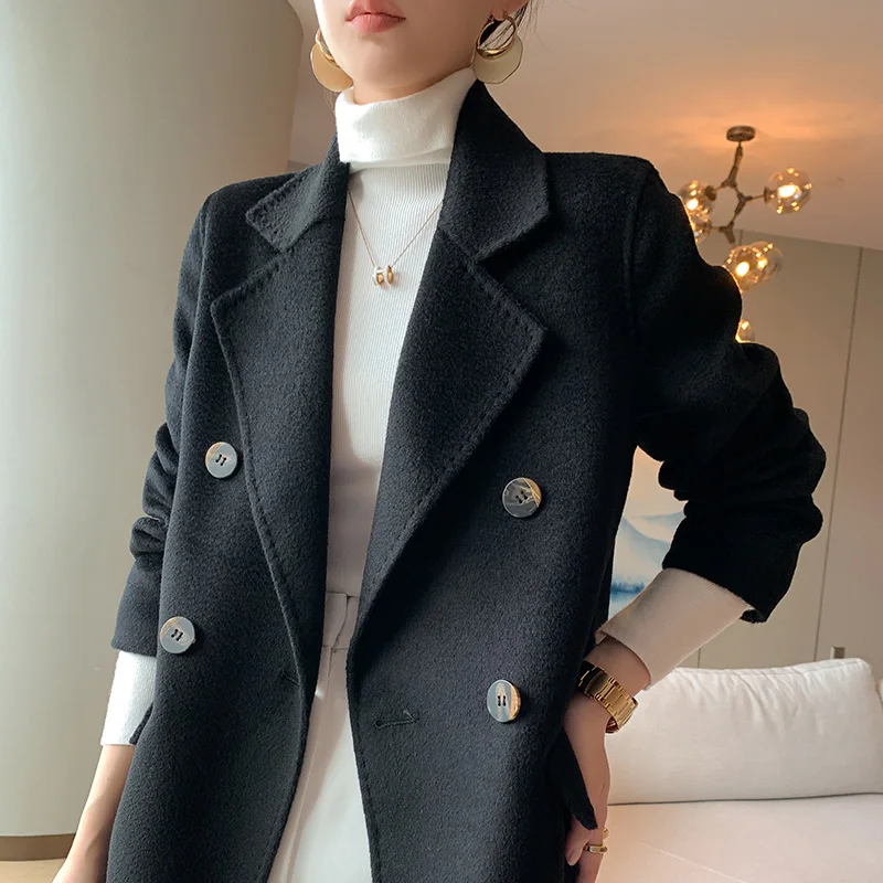 Верхний кашемировый пальто женское двубортное на водяном ряби 100% чистое средней длины.